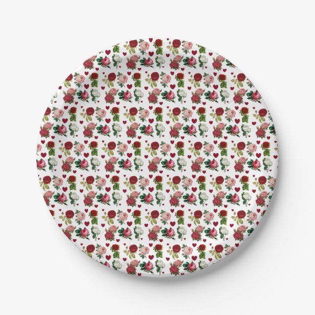 Roses and Hearts Valentine's Day Paper Plates (Front)