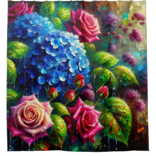 “Roses and Hydrangeas in Rain- Vibrant Floral Art"