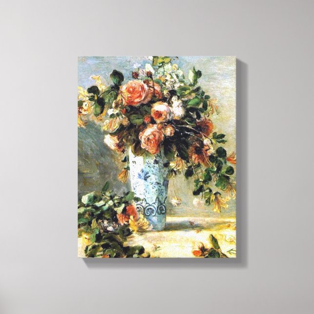 Roses and Jasmine in a Delft Vase Renoir Fine Art Canvas Print (Front)