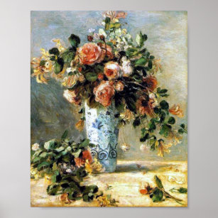 Roses and Jasmine in a Delft Vase Renoir Fine Art Poster