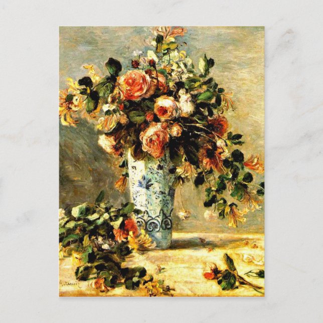 Roses and Jasmine in a Delft Vase, Renoir painting Postcard (Front)