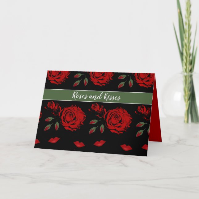 Roses and Kisses Elegant Red Roses Valentine Card (Front)