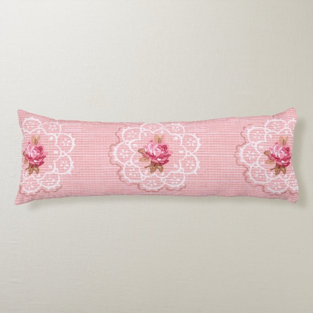 Roses and Lace Vintage Pink Reversible Body Pillow (Front)