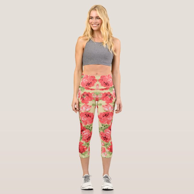 Roses and leaves floral pattern capri leggings (Front)