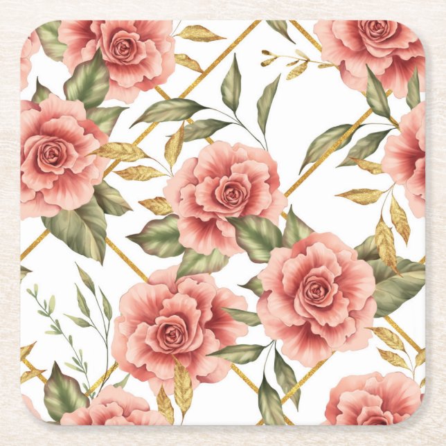 Roses and leaves square paper coaster (Front)