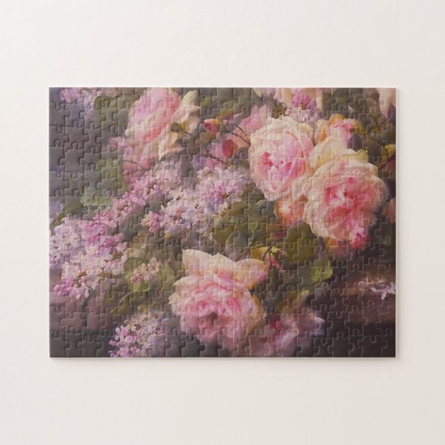 Roses and Lilacs on a Cement Bench Fine Art Jigsaw Puzzle (Horizontal)