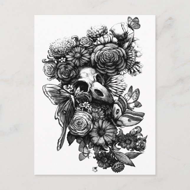 Roses and Moths - Black Postcard (Front)