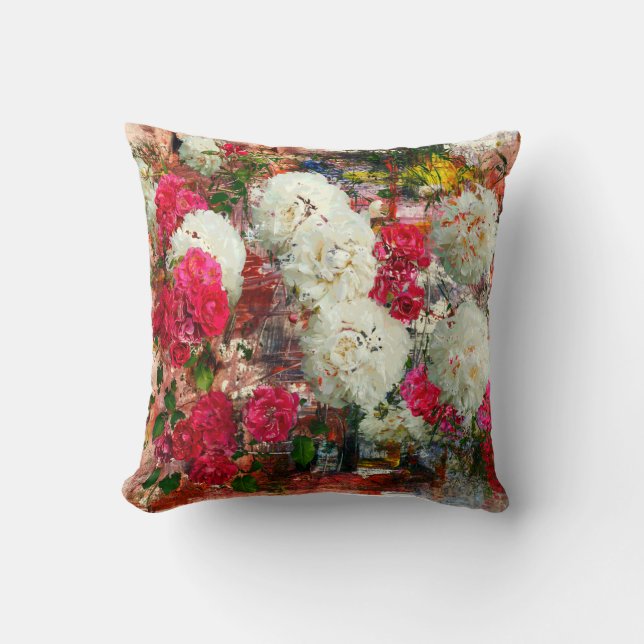 Roses and peonies and roses, mixed media and abstr throw pillow (Front)