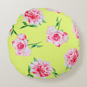 Roses and Peonies watercolor illustration patterna Round Pillow