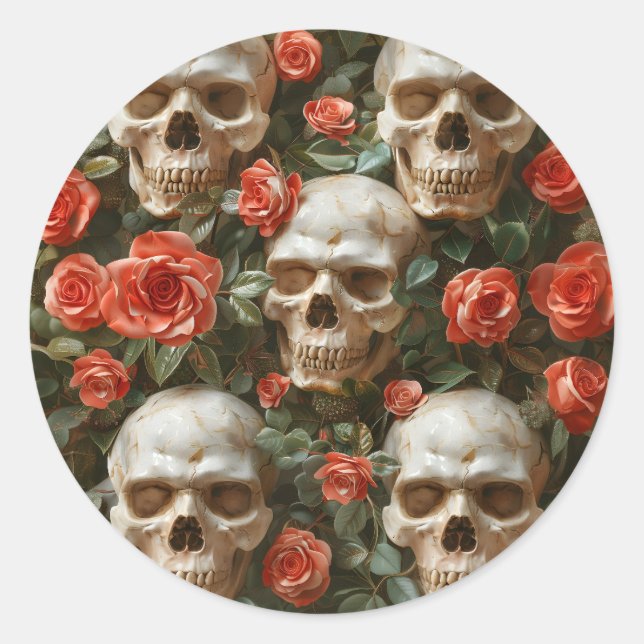 Roses and skulls design classic round sticker (Front)