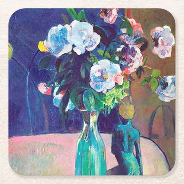 Roses and Statuette, Gauguin Square Paper Coaster (Front)