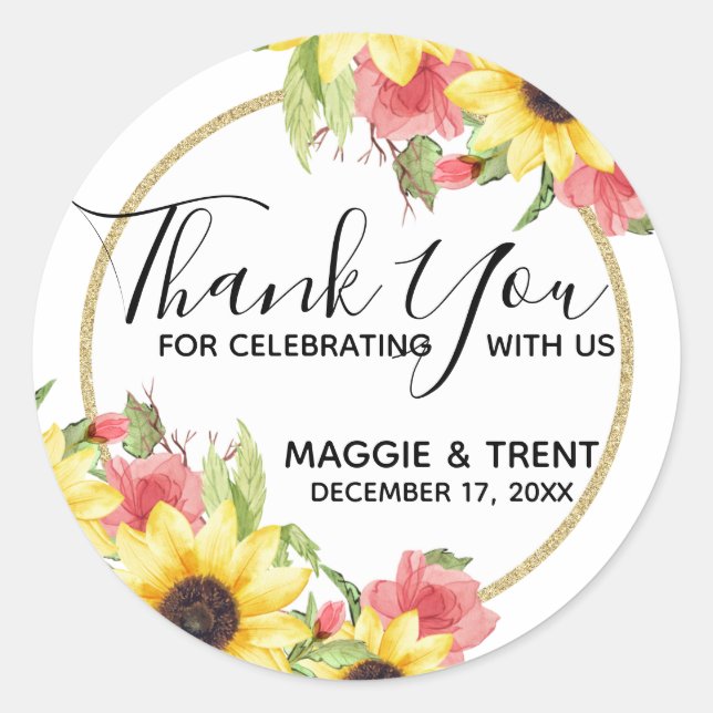 Roses and Sunflowers Wedding Thank You Classic Round Sticker (Front)
