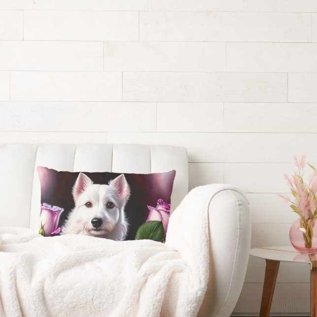 Roses And White Dog Collection Lumbar Pillow (Couch)