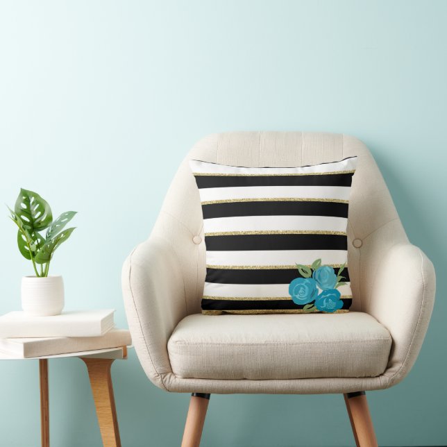 Roses Aqua sur le coussin noir, blanc, rayures or (Chaise)