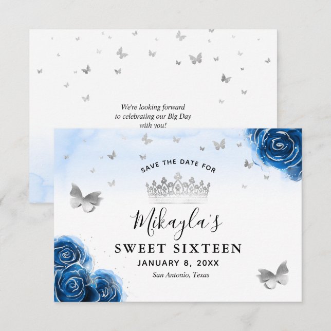 Roses argent et bleu roi Élégant Save The Date (Devant / Derrière)