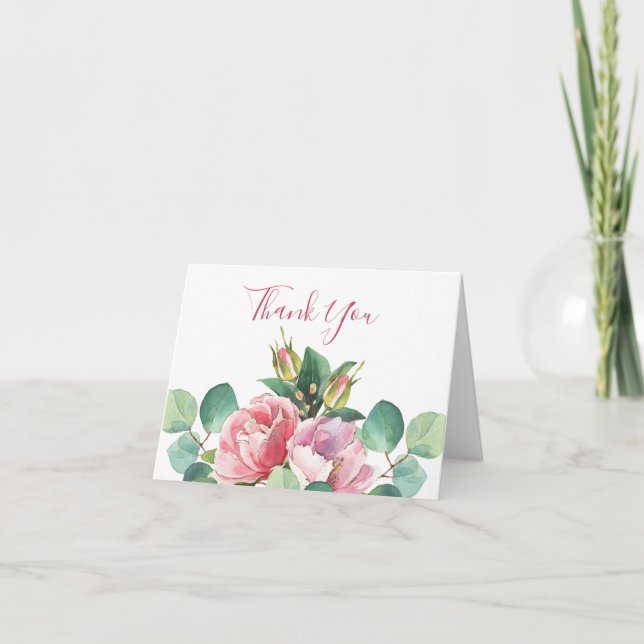 Roses avec Carte de remerciements plié à l'eucalyp (Devant)