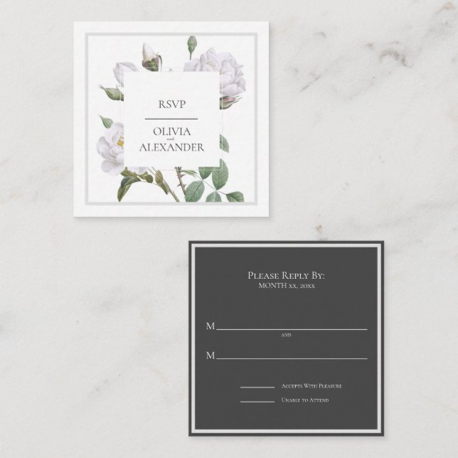 Roses blanches Elégante carte de mariage RSVP (Devant / Derrière)
