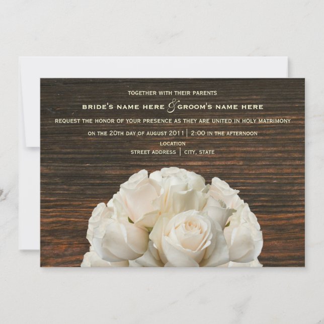 Roses blanches et Faire-part de mariage rustique e (Devant)