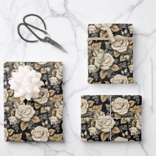 Roses Blanches Et Feuilles D'Or Motif Floral