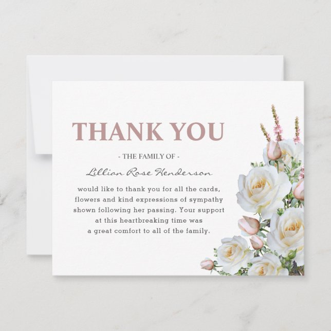 Roses blanches et roses élégantes | Merci funérair (Devant)