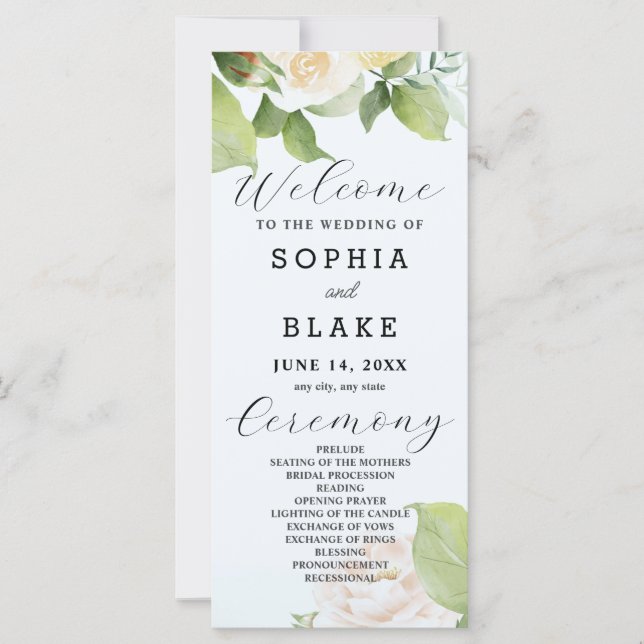 Roses blanches Feuilles verts Programme de mariage (Devant)