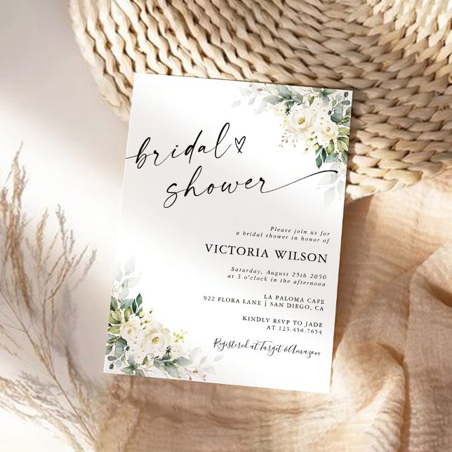 Roses blanches Floral Bridal Show Invitation (Créateur téléchargé)