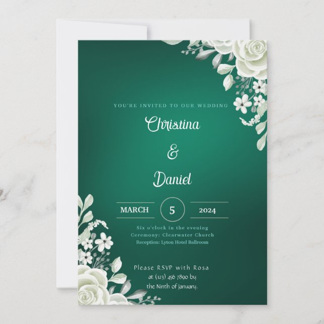 Roses blanches Invitations de mariage vert (Devant)