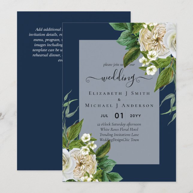 ROSES BLANCHES Invitations MARIAGE CHIC (Devant / Derrière)