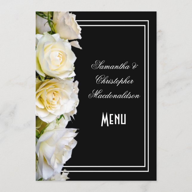 Roses blanches sur le menu mariage floral noir (Devant)