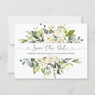 Roses blanches verdure Enregistrer la date Carte p