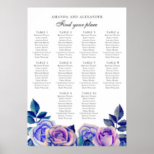Roses bleus et violets. Tableau de sièges mariage