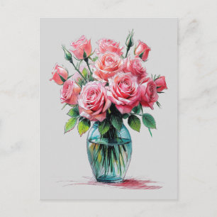 Roses Blooming Bouquet Vase Flowers Drawing Art Holiday Postcard