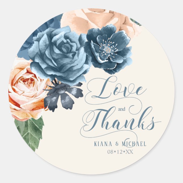 Roses Blue/Peach Wedding Love and Thanks ID584 Classic Round Sticker (Front)