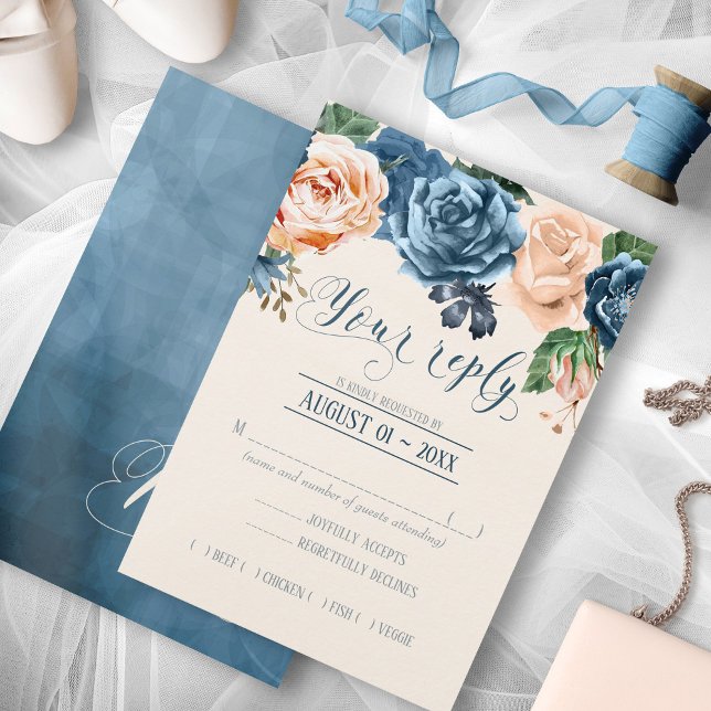 Roses Blue/Peach Wedding RSVP ID584 Card (Creator Uploaded)