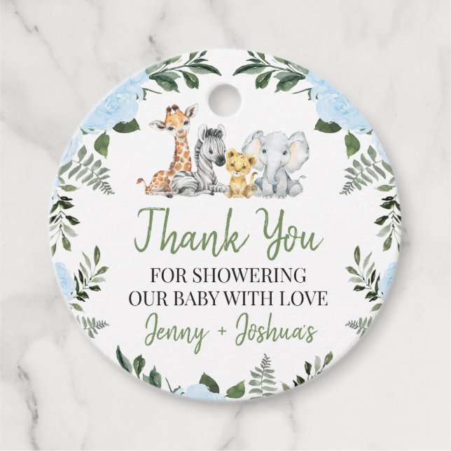 Roses Blue Safari Baby Shower Thank You Tag (Front)