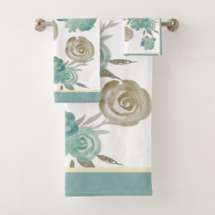 Roses Blue & Taupe on Cream Bath Towel Set