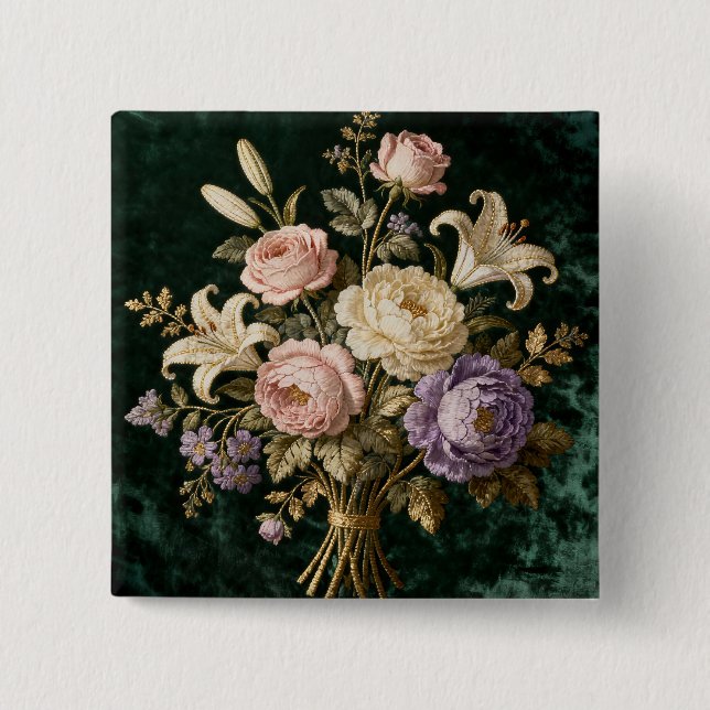 Roses Bouquet Antique Style Tapestry 2 Inch Square Button (Front)