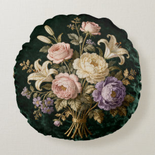 Roses Bouquet Antique Style Tapestry Round Pillow