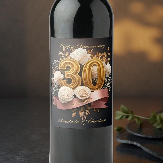 Roses Bouquet Gold 30th Wedding Anniversary  Wine Label (Creator Uploaded)