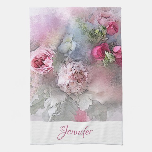 Roses Bouquet Personalized Modern Floral Art Kitchen Towel (Vertical)