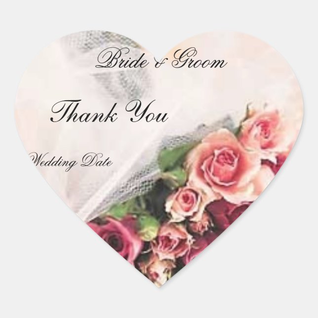 Roses Bouquet Wedding Thank You Heart Sticker (Front)