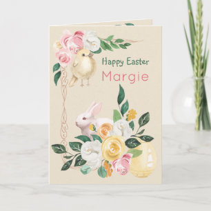 Roses, Bunny, and Golden Egg Personalized Easter Card