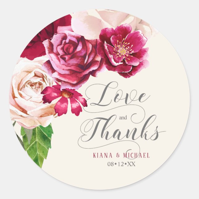 Roses Burgundy/Cream Wedding Love and Thanks ID584 Classic Round Sticker (Front)