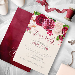 Roses Burgundy/Cream Wedding RSVP ID584 Card