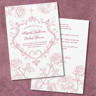 Roses Burgundy Crest Catholic Wedding Invitation