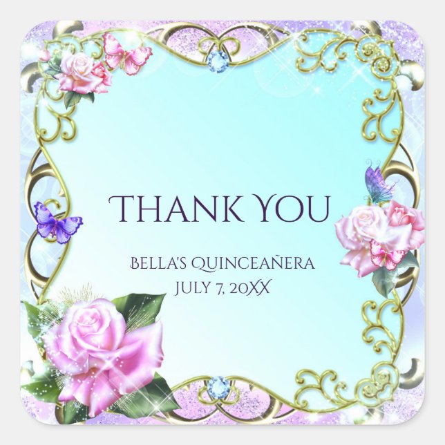 Roses & Butterflies Birthday Party Favour Square Sticker (Front)