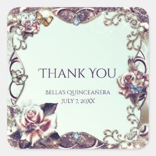Roses & Butterflies Bronze Quinceañera Party Square Sticker