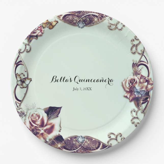 Roses & Butterflies Bronze Sparkle Party Paper Plate (Front)