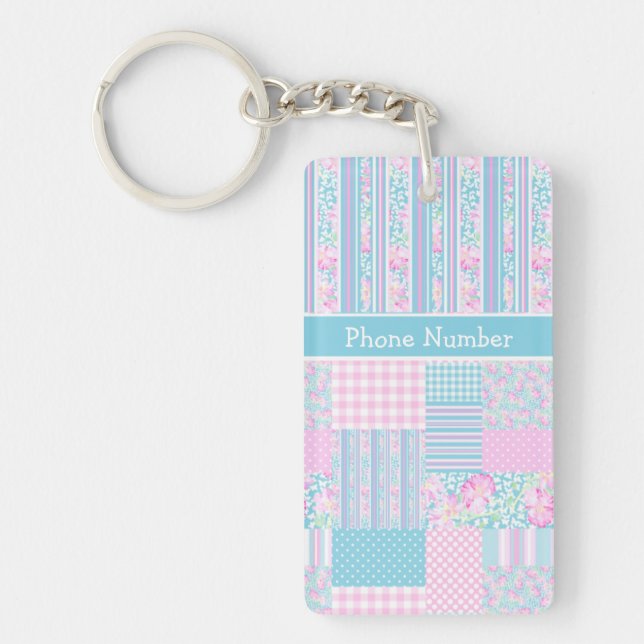 Roses, Butterflies, Faux Patchwork Custom Keychain (Front)