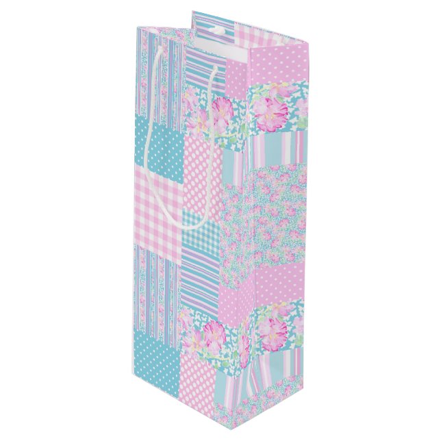 Roses Butterflies Faux Patchwork Wine Gift Bag (Front Angled)